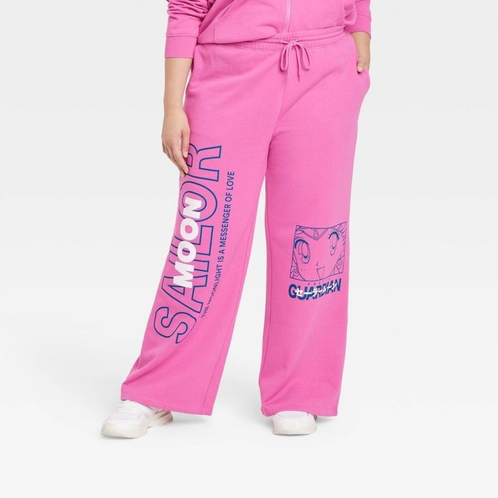 Women's Moonlight Love Sailor Moon Wide Leg Graphic Pants Hot Pink Size M